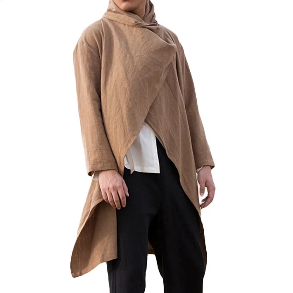Men Coats Long Sleeve Scarf Collar Trench Ponchos Cotton Outwear Solid Cloak Vintage Irregular Jackets Men Streetwear 240822
