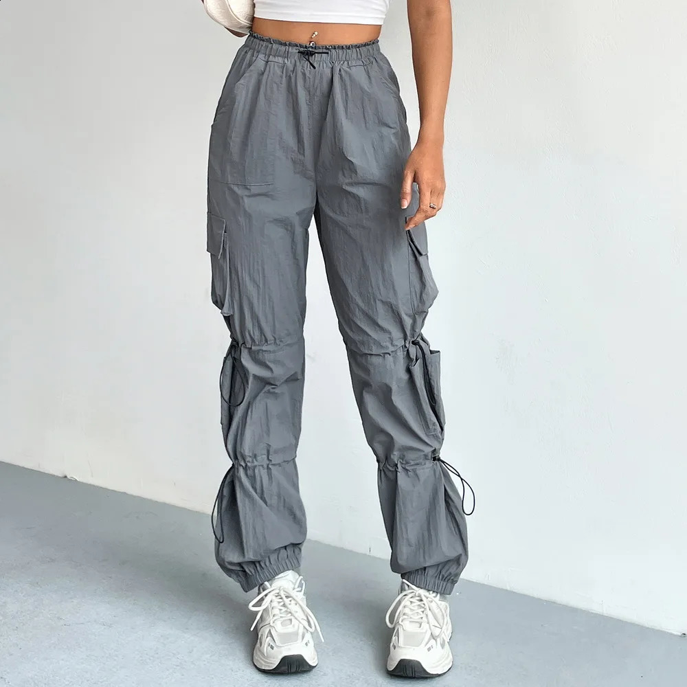 Y2k Women Cargo Pants Gray Sweatpants Draw String Multi-pocket Casual Trousers Elastic Waist Streetwear Vintage Joggers Female 240821