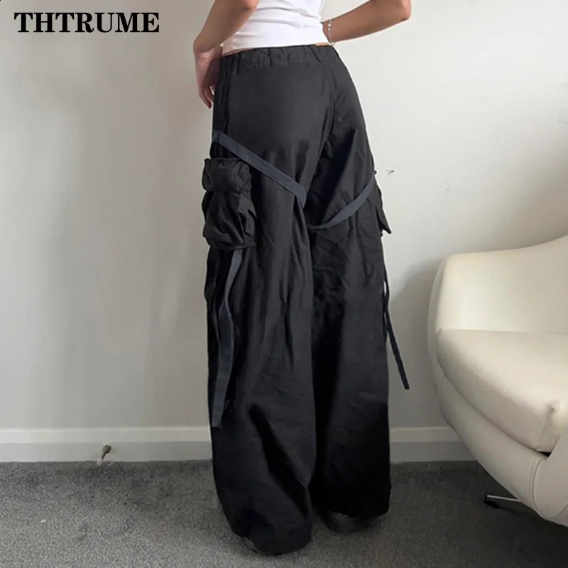 Women Fashion Oversized Pants High Street Vintage Y2K Pocket Elastic Waist Wide Leg Pant Casual Straight Cargo Baggy Trousers 240821