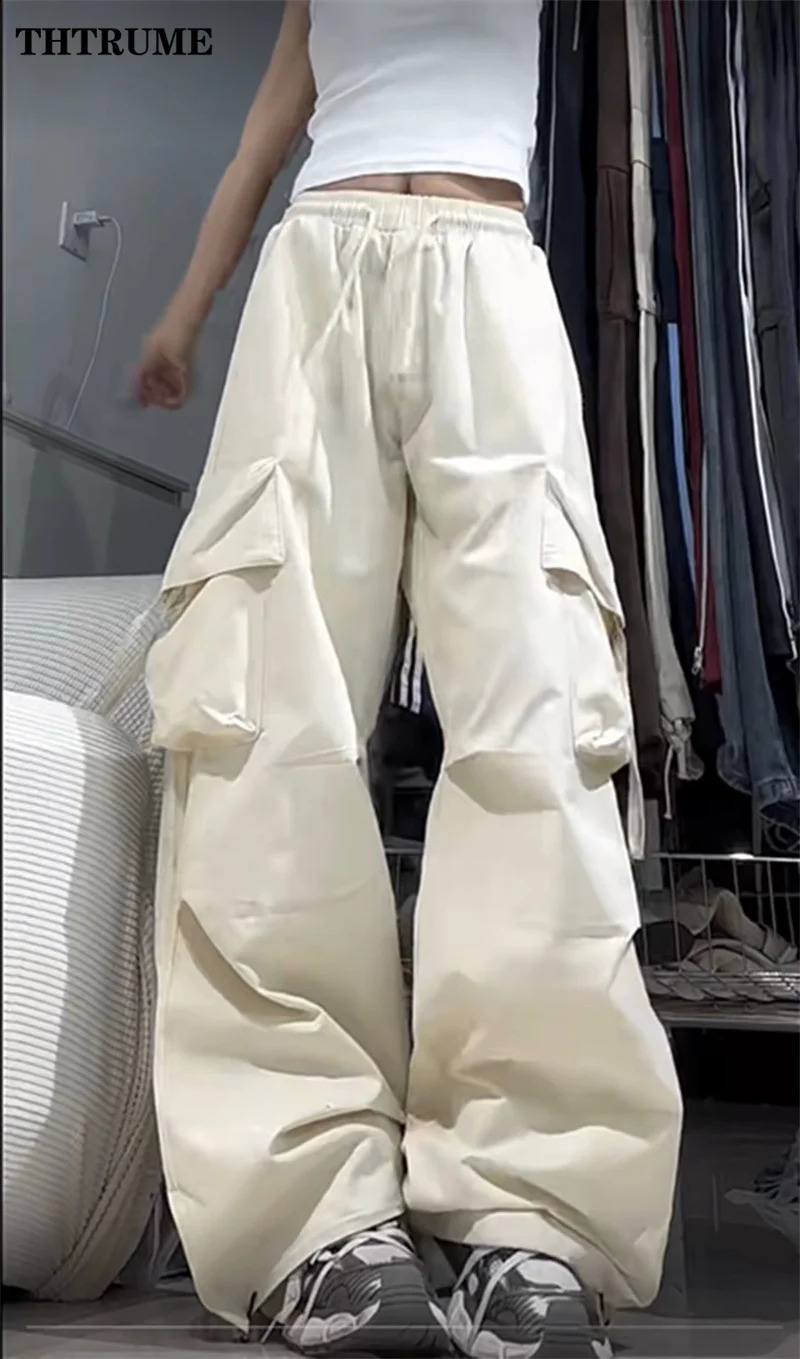 High Street Y2K Cargo Pants Fashion Women Drawstring Pocket Hip Hop Streetwear Baggy Pant Casual Vintage Oversized Chic Trousers 240821