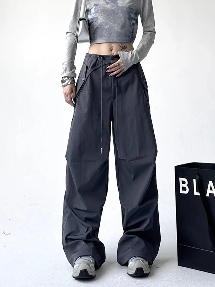 Zoki Y2K Harajuku Cargo Pants Women Streetwear High Waist American Retro Trousers Fall Casual Loose Lace Up Bf Wide Leg Pants 240821