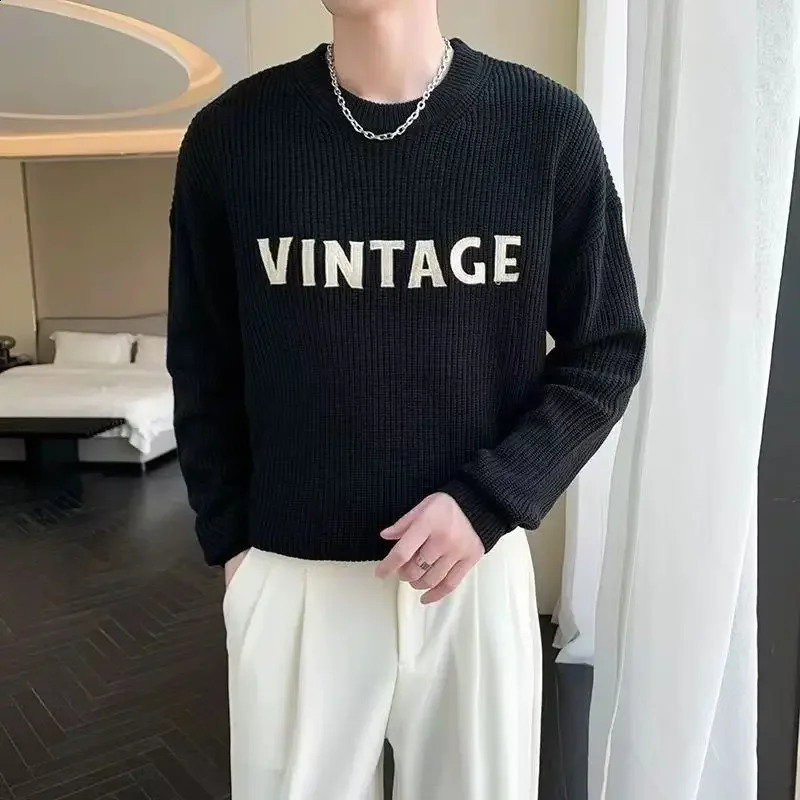 Knitted sweater mens round neck business clothing staff collar graphite floral winter cotton elegant street shirt 240821