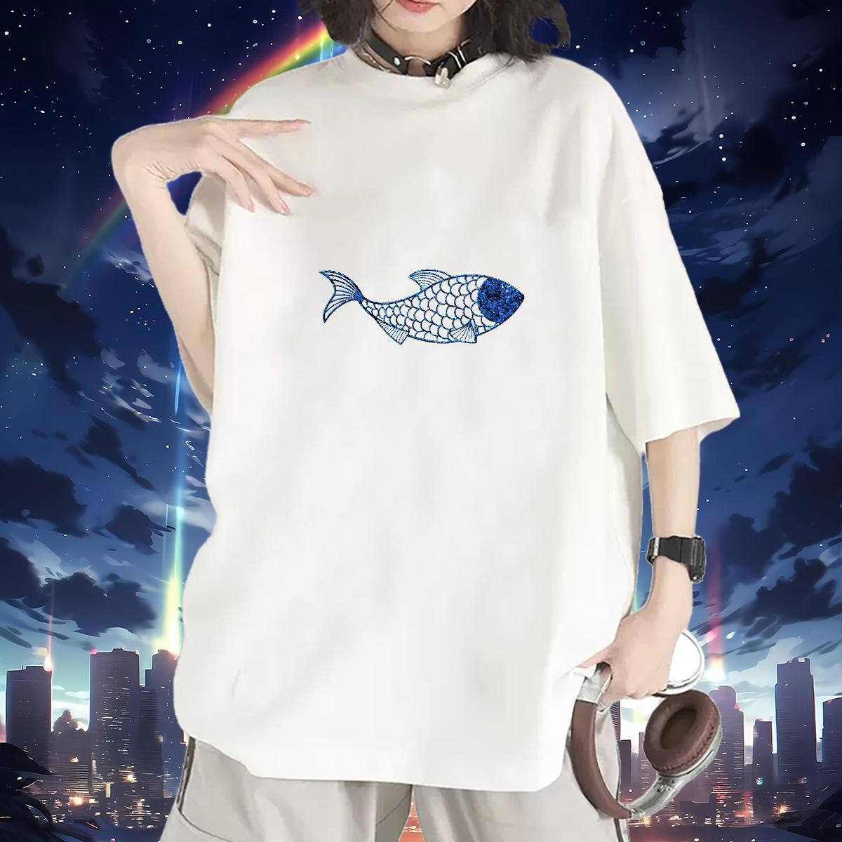 Custom Womens T Shirts Crew Neck 100% Cotton 230g Unisex Tshirts Cartoon Anime fish Beach Soft Tee Shirt