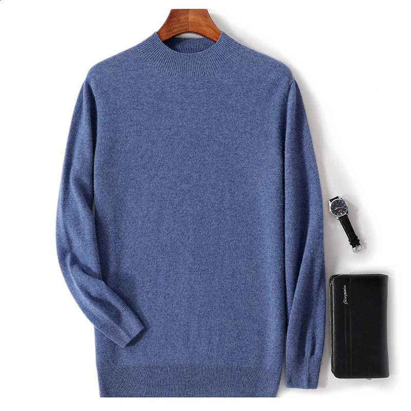 AutumnWinter 100% Pure Wool Casual Solid Color Mens Half High Collar Fashion Trend Knitted Bottom Sweater 240821
