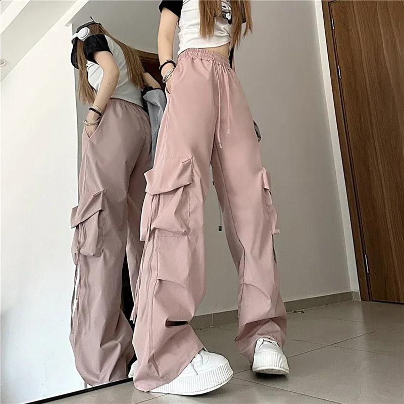 Hip Hop Cargo Pants Women Jazz Black Big Pockets Streetwear Trousers High Waisted Solid Fashion Harajuku Y2K Wide-Legged Pants 240821