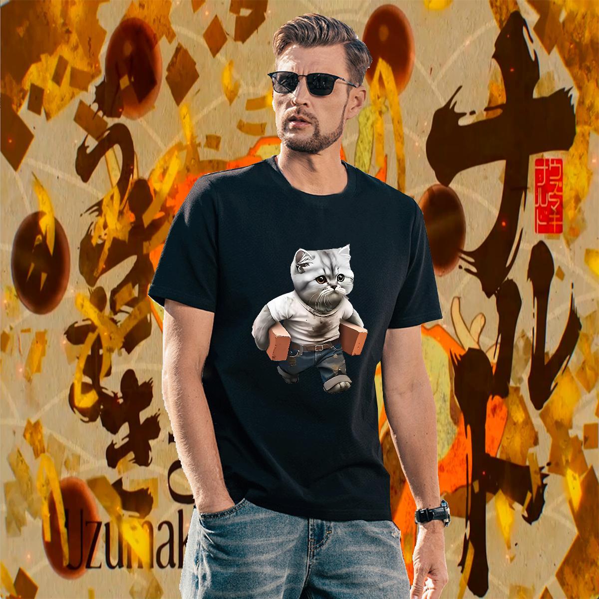 Soft T shirt cat Breathable Short Sleeve Street Wear Anime Print 230g Pure Cotton Men Tees New Arrival Tops Tees