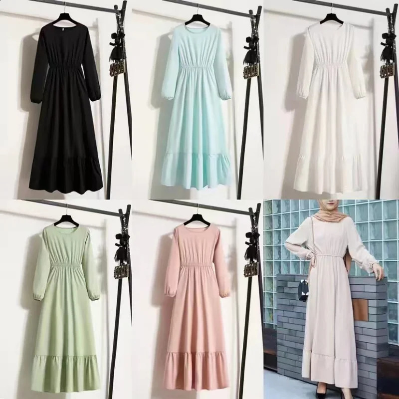 Women Long Dress Spring Autumn Mujer Vestidos Solid Full Sleeve O-neck Casual Chiffon Dresses Muslim Solid Loose Maxi Dresses 240822
