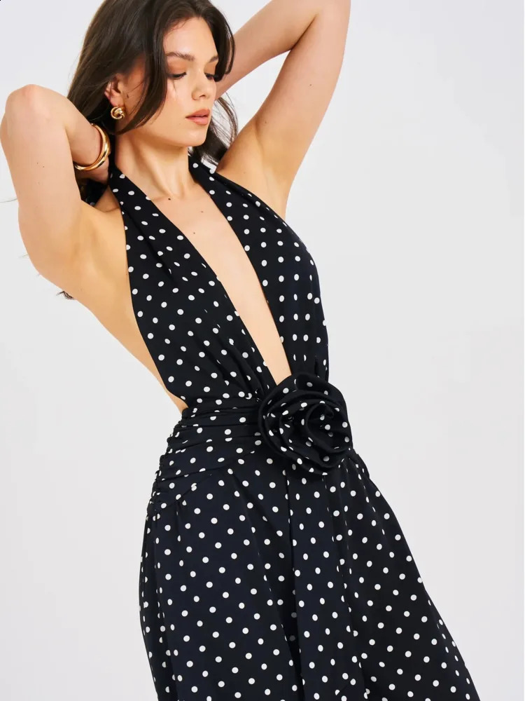 Articat Sexy Deep V-neck Tie Up Backless Jumpsuit For Women Slim Wide Leg Pants Polka Dot Female Rompers Elegant Casual Holiday 240822