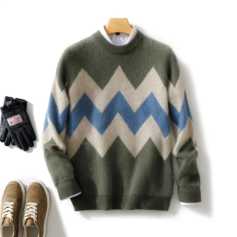 100% Merino pure wool mens round neck floral autumn and winter knitted retro sweater 240821