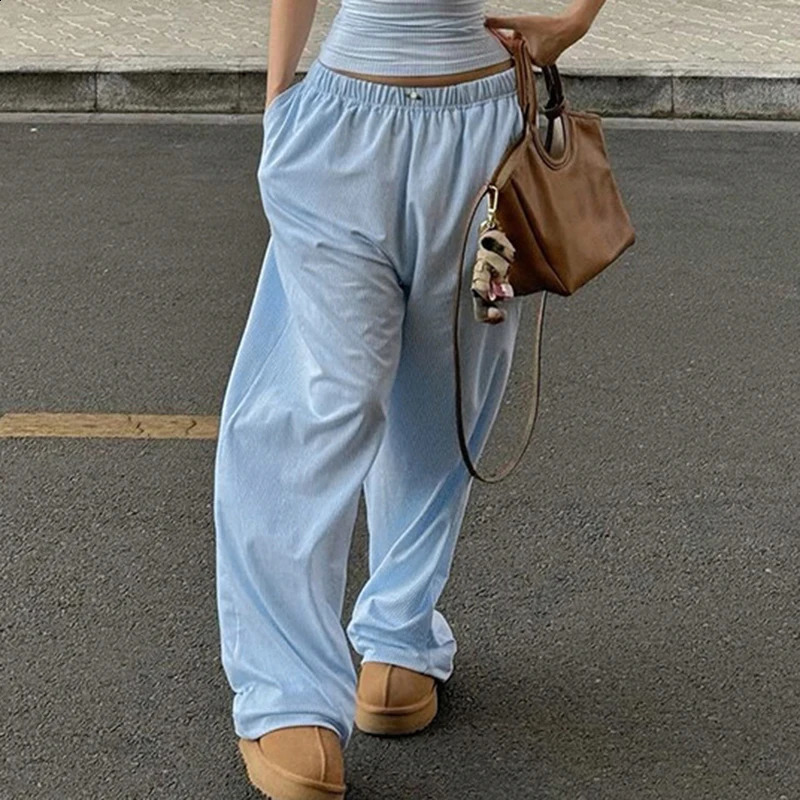 IAMTY Elastic Applique Wide Leg Pants Blue Casual Basic Loose Sweatpants Jogging Casual Basic Trousers Y2K Aesthetic Bottoms 240821