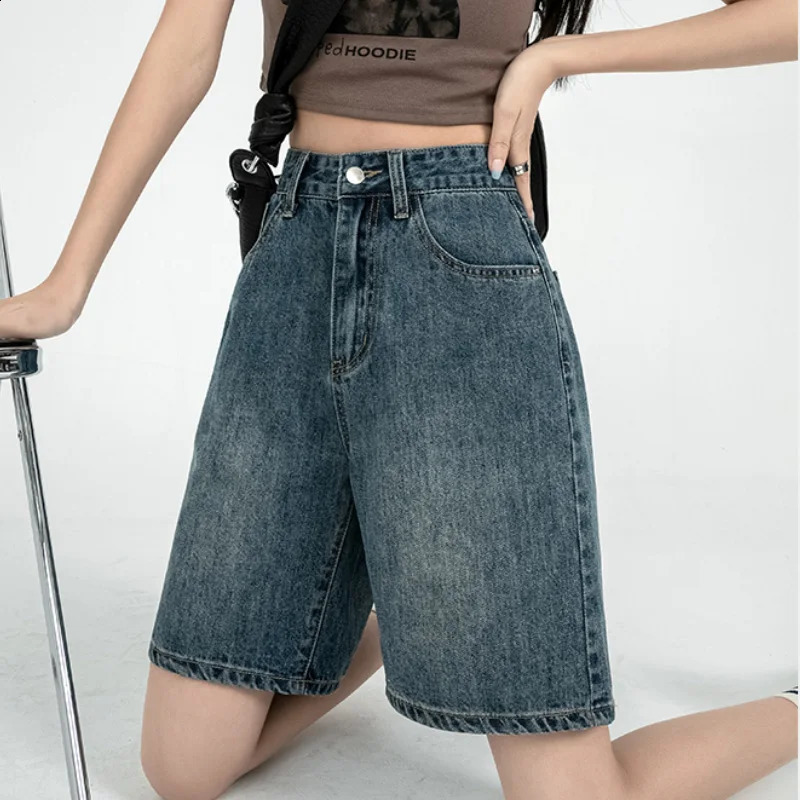 Retro Denim Shorts for Women Summer High Waist Five-point Pants Loose Straight A-line Half Pants Korean Style Clothing 240821