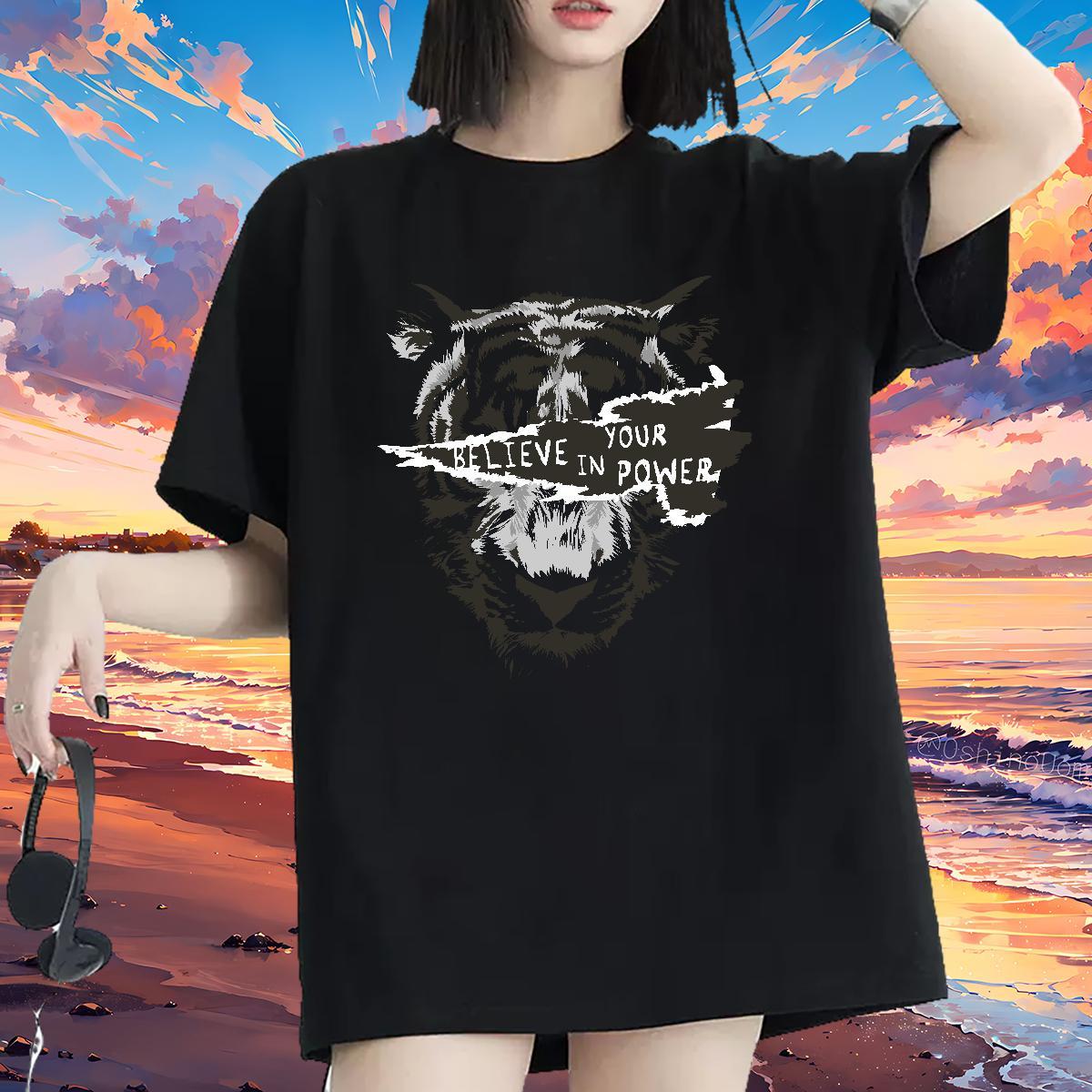 Fashion New T-Shirts O-Neck Short Sleeve 100% Cotton 230g Women Tshirts Graphic tiger Summer Casual Popular Polos