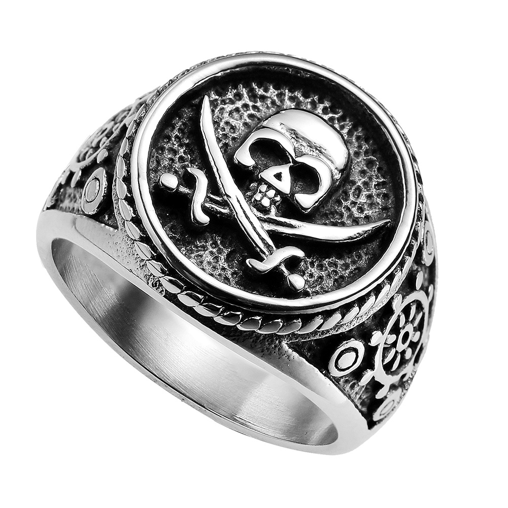 Vintage Skull Cross Casting Ring Titanium Steel Skeleton Seal Rings Mens Jewelry