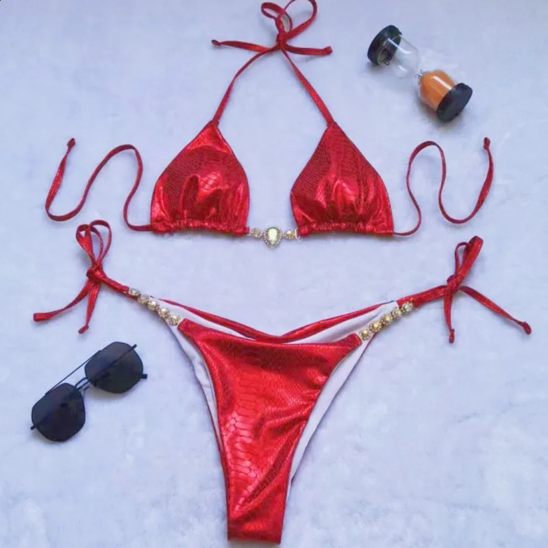 Red Sexy Bikinis Swimsuits With Rhinestones Women Swimwear Push Up Brazilian Bikini Beach Swim Wear Bathing Suits Pool Bather 240822