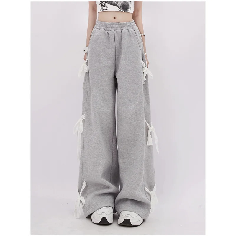 Womens gray bow oversized sports pants Y2k retro 2000s high waisted pocket mens Harajuku streetwear wide leg glitter clothing 240821