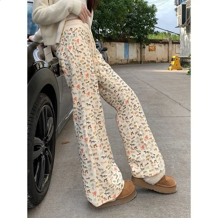 Kawaii Dog Print Pants for Women Y2k E-Girl High Waist Drawstring Flare Spring Straight Loose Wide Leg 240821