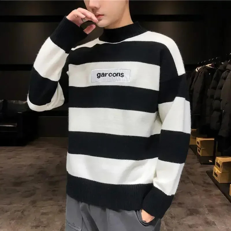 Mens Clothing Turtleneck Knit Sweater Male Pullovers Black High Collar Striped Old Korean Style Fun in Knitwears Loose Fit 240821