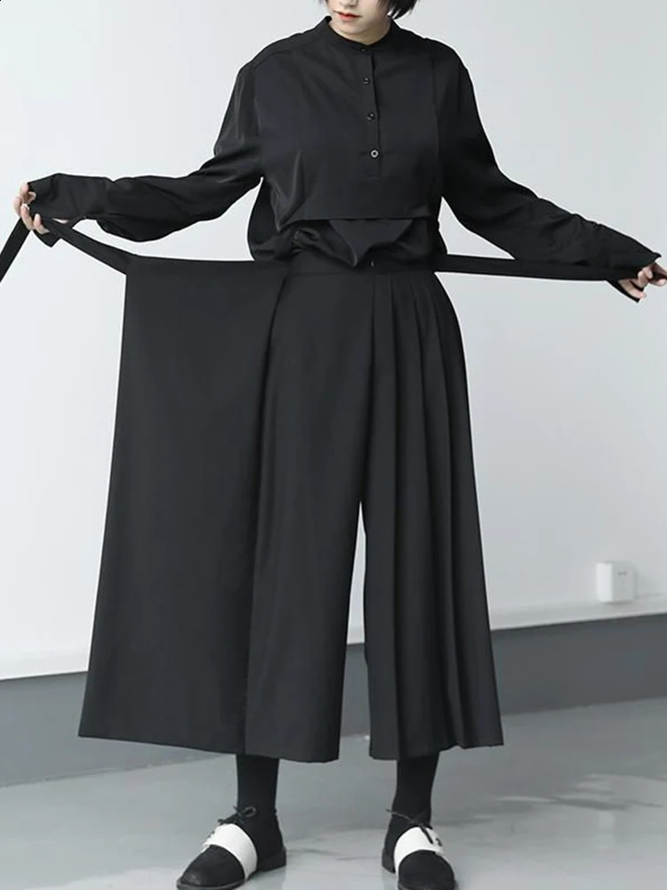 Zoki Vintage Black Y2K Pants Women Harajuku High Waist Gothic Wide Leg Pant Skirt Streetwear Bf Bandage Patchwork Korean Pants 240821