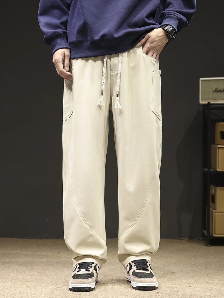 Spring/Autumn Mens Sports Pants with Multiple Pockets Wide Legs Casual Freight Pants String with Loose Straight Pants 240828