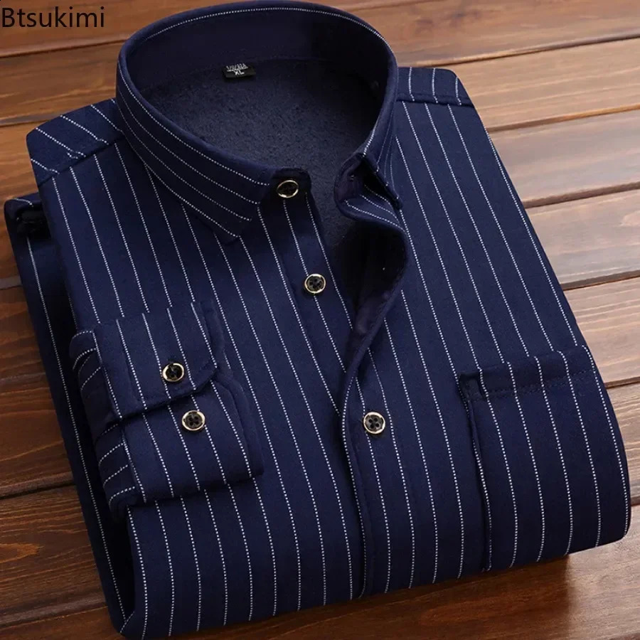 Autumn Winter Mens Clothing Fashion Retro Casual Business Long Sleeve Lapel Shirts Fleece Thicked Warm Man Print Shirt Tops 240822