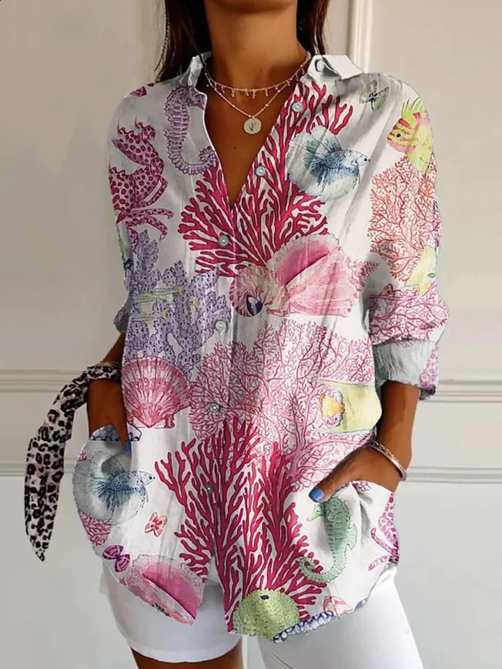 Womens casual style shirt retro 3D printed long sleeved button up fashionable collar jacket top 240822