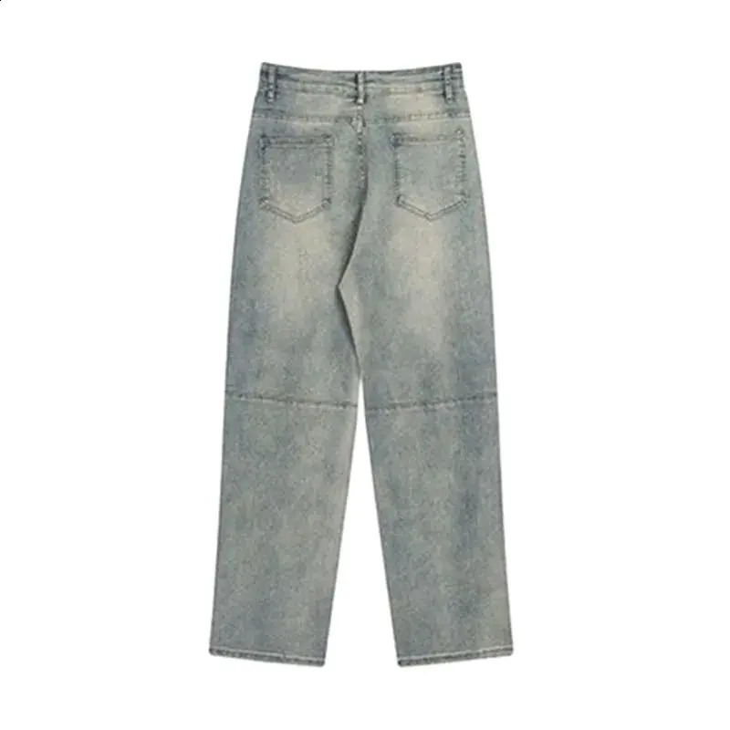 Jeans Mens High Street Ripped Straight Trousers Button Pocket Washed Solid Color Loose Trousers A168 240821