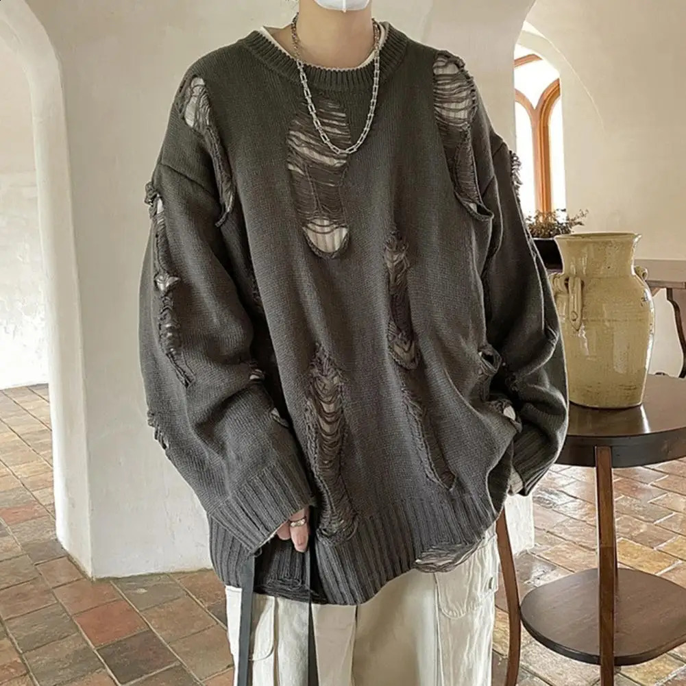 False Two-piece Sweater Solid Color Sweater Hop Inspired Mens Sweater with Ripped n Solid Color Knitted Hollow Out Pattern 240821