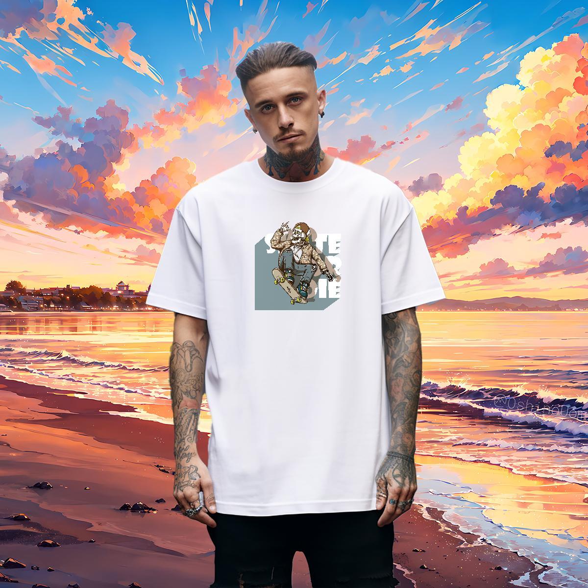Wholesale T shirt 230g 100% Cotton skull High Street Hip Hop Customized Crew Neck Breathable Men Tops Tees Fashion Clothings