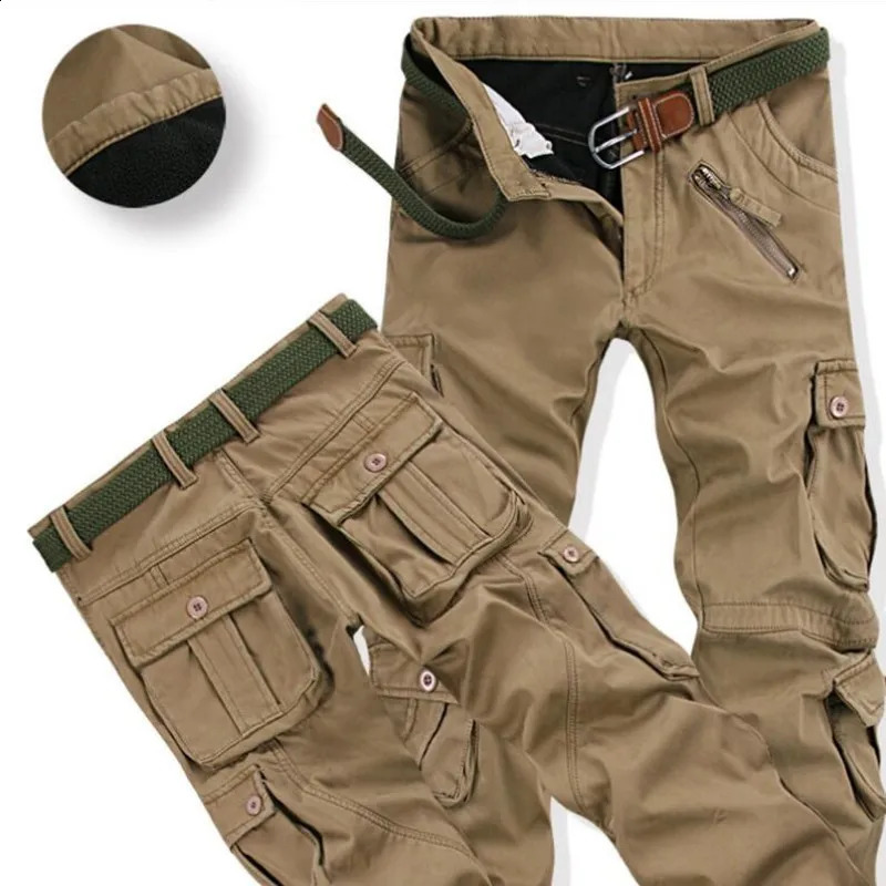 Mens Winter Pants Thick Warm Cargo Casual Wool Pocket Fur Trouser Plus Size Brushed Fashion Loose Running Work Clothes for Men 240821