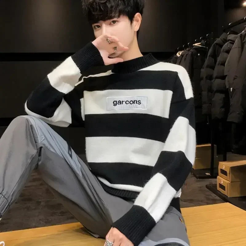 Mens Clothing Turtleneck Knit Sweater Male Pullovers Black High Collar Striped Old Korean Style Fun in Knitwears Loose Fit 240821