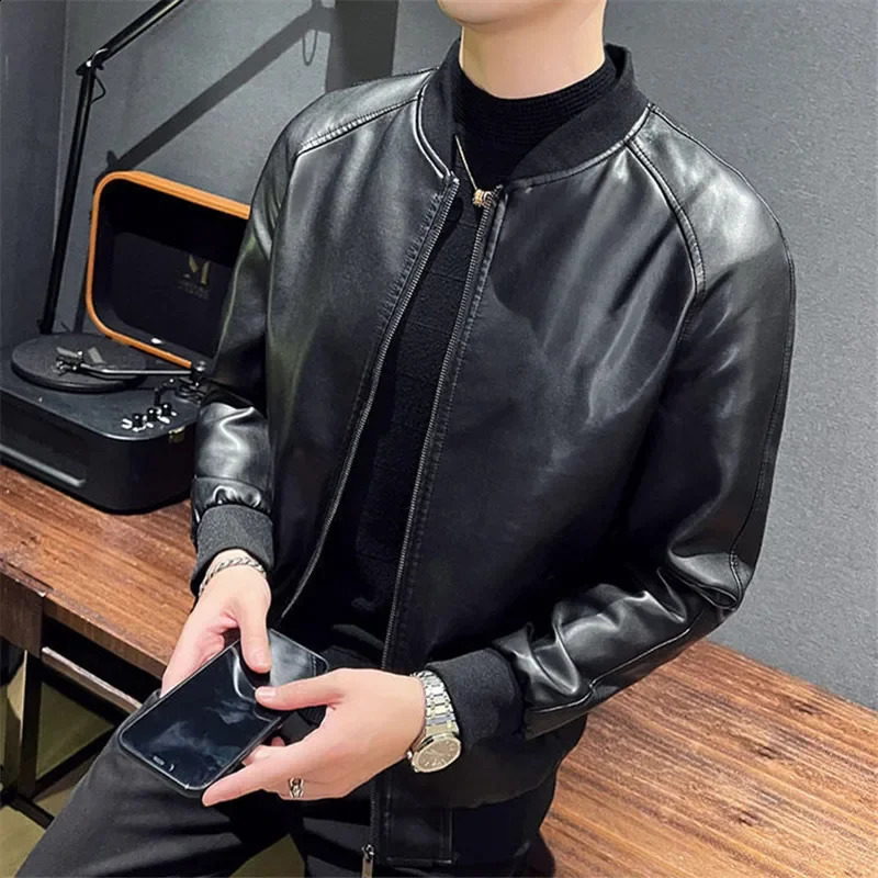 Mens PU Leather Jacket Fashion Baseball Collar Casual Jackets Solid Color Motorcycle Leather Outerwear Men 240822