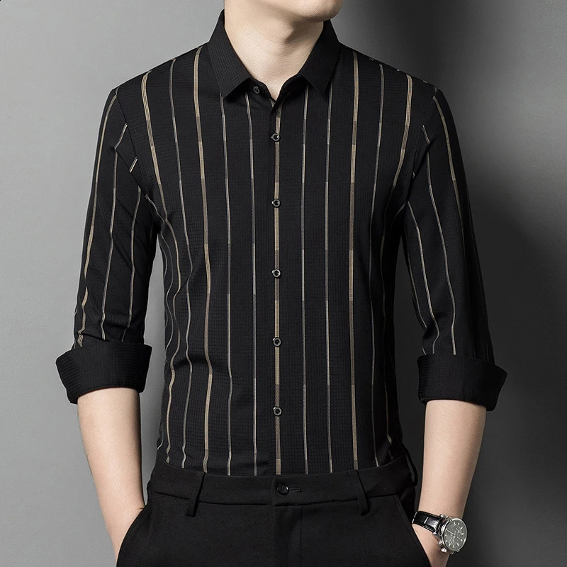 Spring Mens Seamless Vertical Striped Shirt Square Neck Loose Fitting Business Casual Long Sleeved Shirt M-4XL 240822