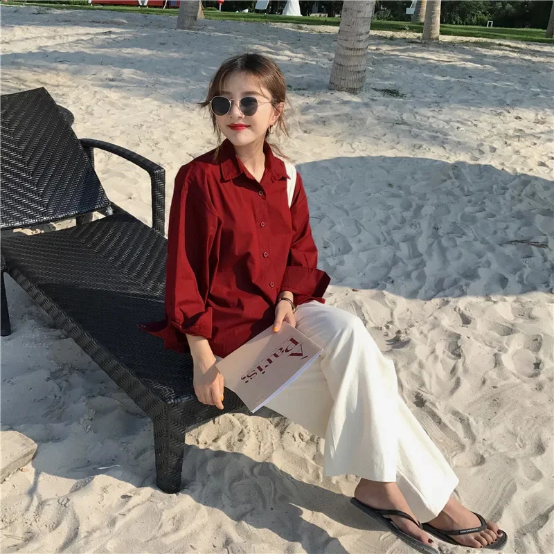 Womens loose and fully matched solid candy color single chest top chic lapel long sleeved shirt 240822