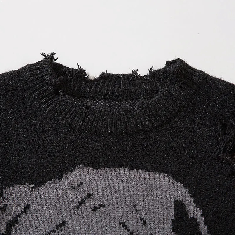 Hip Hop Sweaters Y2K Grunge Knitted Skull Skeleton Ripped Holes Punk Gothic Jumpers Streetwear Men Vintage Baggy Pullover Black 240821