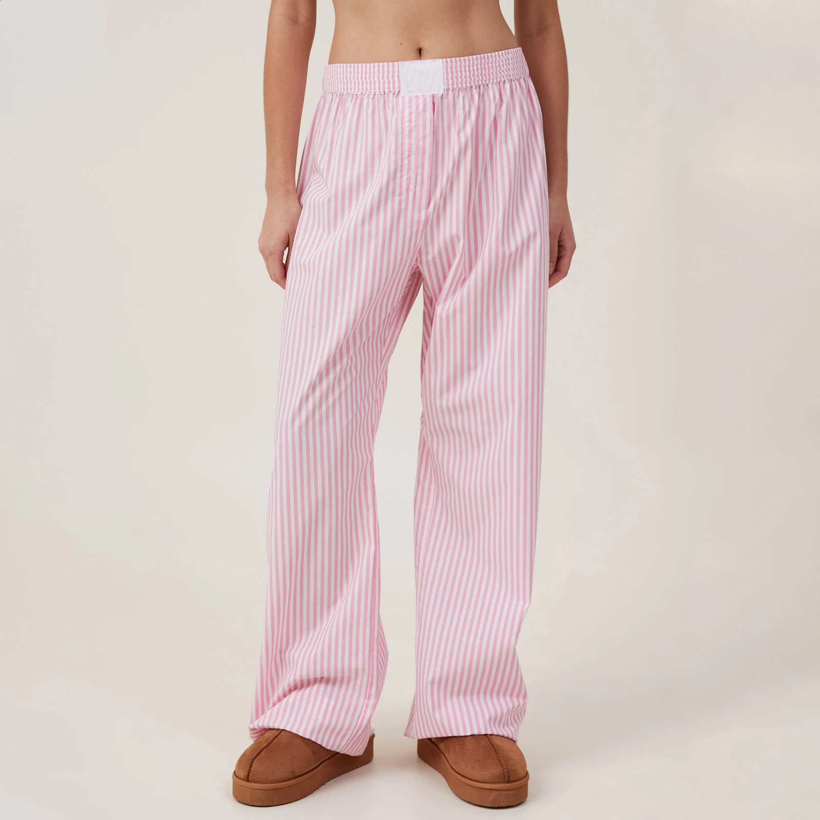 Womens Autumn Kawaii y2k Aesthetic Striped Loungewear Pants Casual Loose Elastic Waist Wide Leg Long Pants Trousers Streetwear 240821