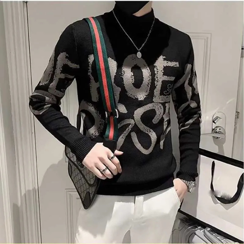 Fashion Stand Collar All-match Letter Sweaters Mens Clothing Autumn Winter Loose Knitted Casual Pullovers Korean Tops 240821