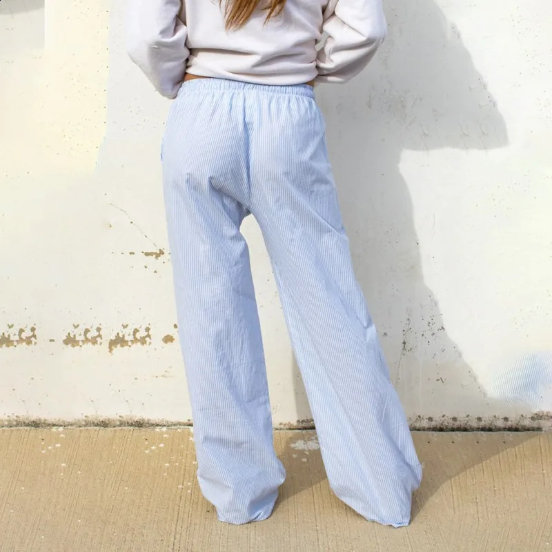 QWEEK Vintage Y2k Blue Striped Casual Pants Oversized Harajuku Korean Fashion Old Money Baggy Pink Trousers Woman Summer Thin 240821