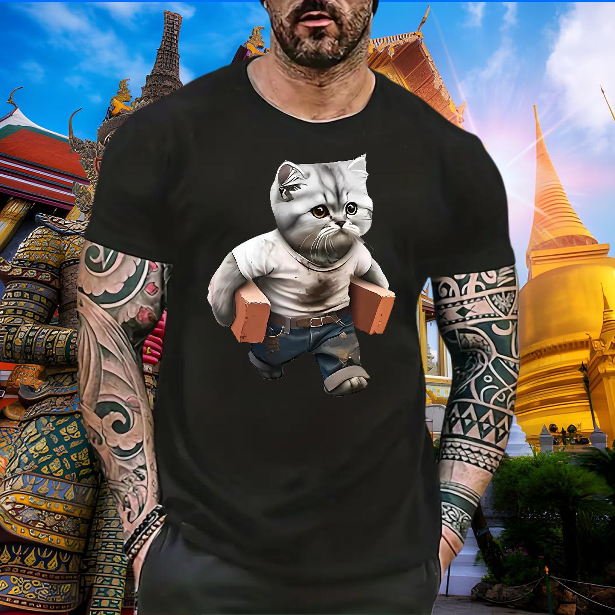 Cool T Shirts Men cat Breathable Short Sleeve Sport Black Oversized 230g Cotton Men Tops Tees Wholesale Tee Shirt