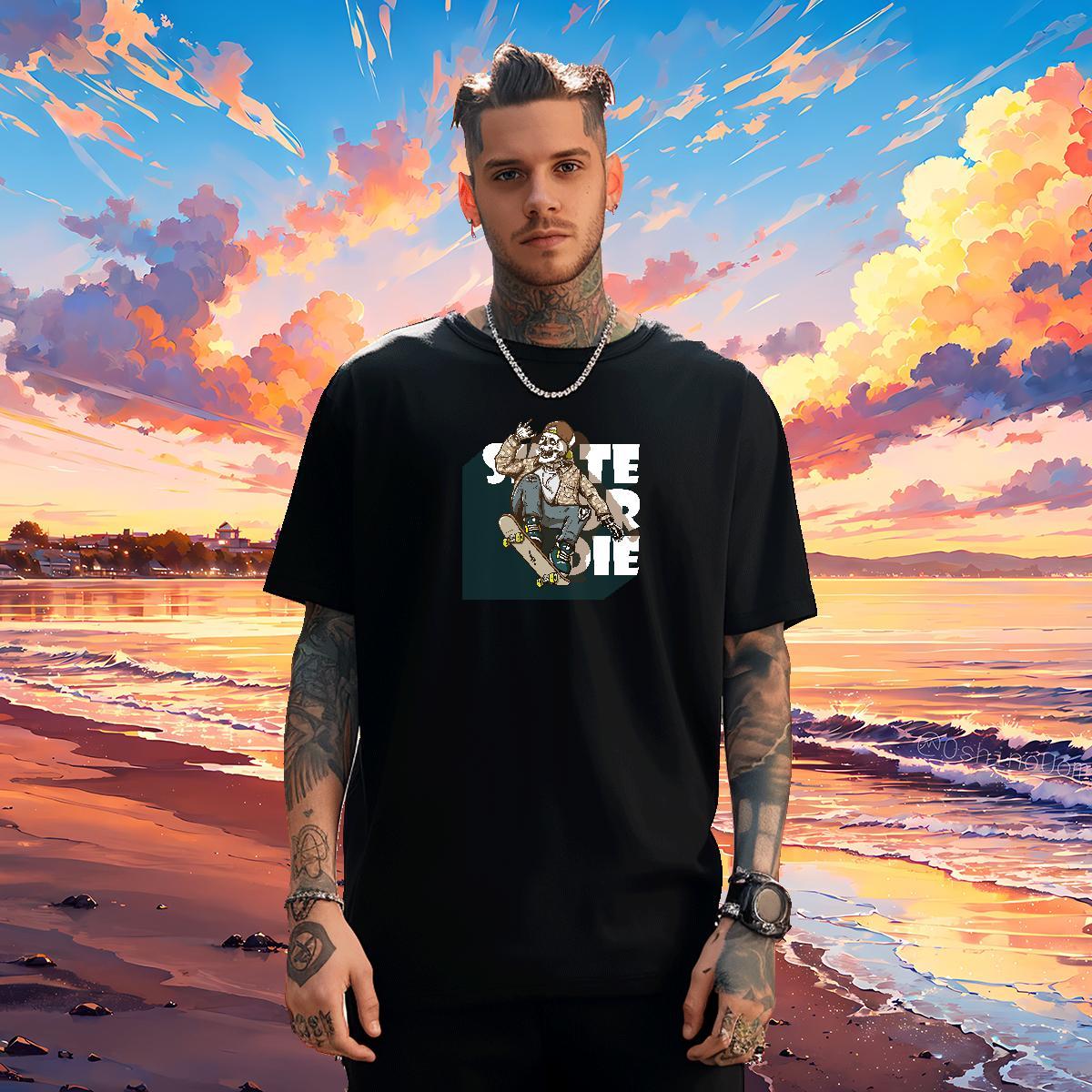 Wholesale T shirt 230g 100% Cotton skull High Street Hip Hop Customized Crew Neck Breathable Men Tops Tees Fashion Clothings