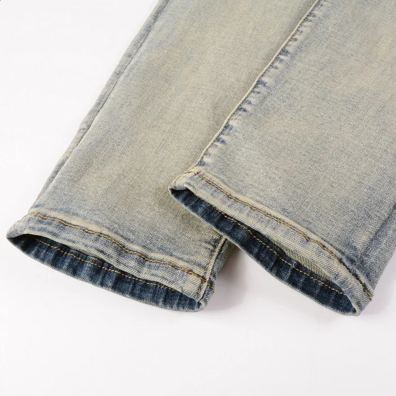Mens Cracked Patch Biker Jeans Streetwear Patchwork Skinny Tapered Pants Vintage Stretch Denim Ripped Distressed Trousers 240821