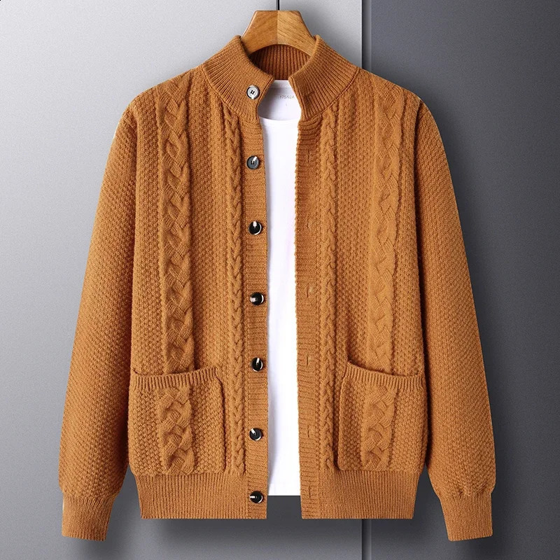 Mens Diamond Plaid Thick Wool Warm Fashion Long Sleeved Casual Cardigan Knitted Sweater Men 240821