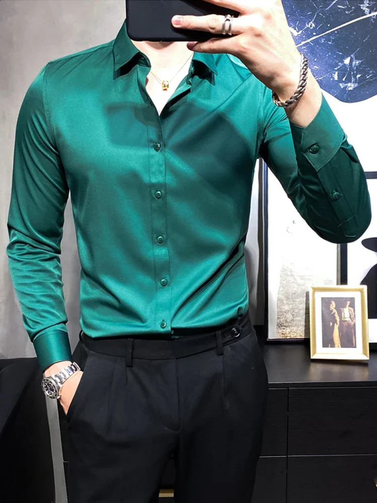 12 Colour Fashion Boutique Casual Business Mens Slim Long-sleeved Shirt Elasticity Wedding Dress Male Formal Shirt 240822