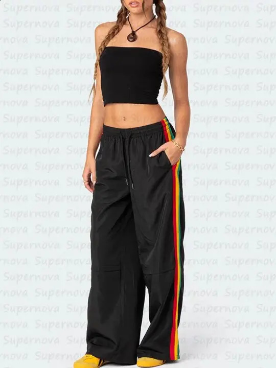 Y2K Vintage Cargo Casual Harajuku Pant Women Brazil Letter Streetwear Striped Oversize Baggy Jogging Sweatpants Wide Trousers 240821