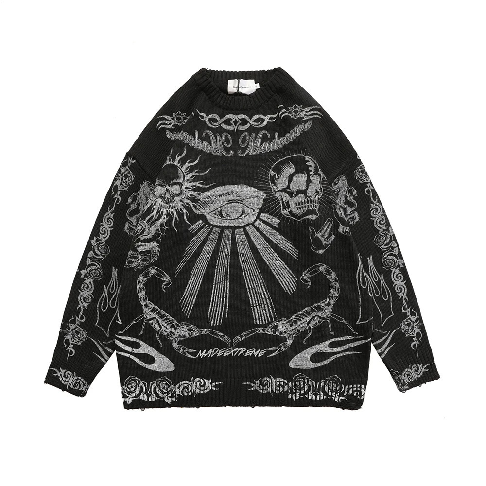 Skull print oversized sweater worn Gothic womens clothing Y2k knitted and pulled together street Harajuku long sleeved top 240821