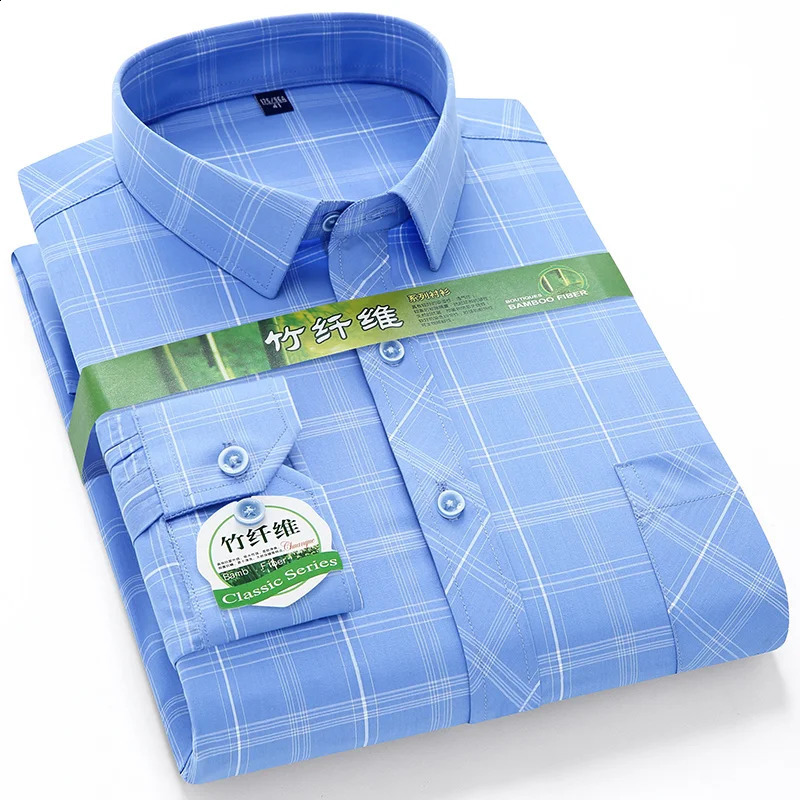 Mens Bamboo Fiber Dress Shirt Long Sleeve Fashion Plaid Stripe Comfort Soft Anti-wrinkle Stretch Slim Fit Business Man Clothes 240822