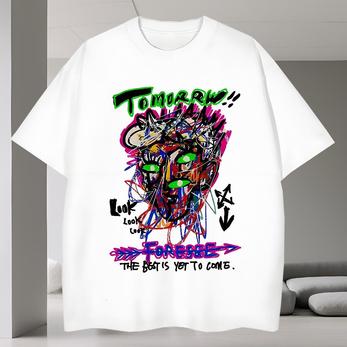 Wholesale Couples T Shirts 230g Cotton High Street Hip Hop tomorrw Round Neck Short Sleeve T-Shirts for Men Soft DIY Printed Tops Shirt