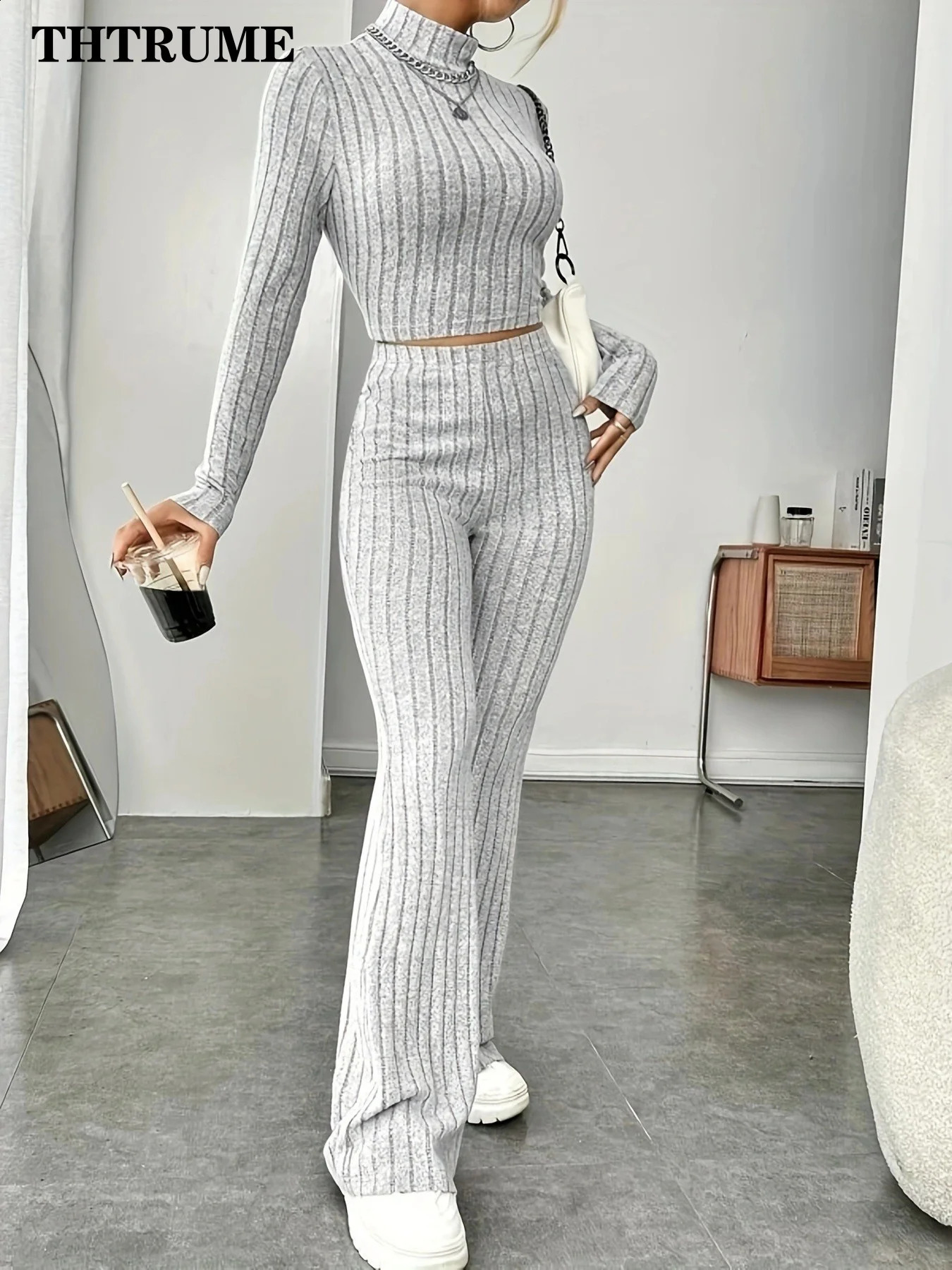 Women Fashion Solid Color Streetwear Autumn Winter Elegant Round Neck Tops Loose Pants Suit Casual Holiday Sport Two Piece Sets 240813