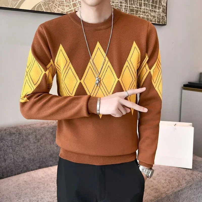 Knitted Sweaters for Men Pullovers Plaid Man Clothes Argyle Crewneck Round Collar Green Maletry Sweatshirts Thick Winter A Baggy 240821