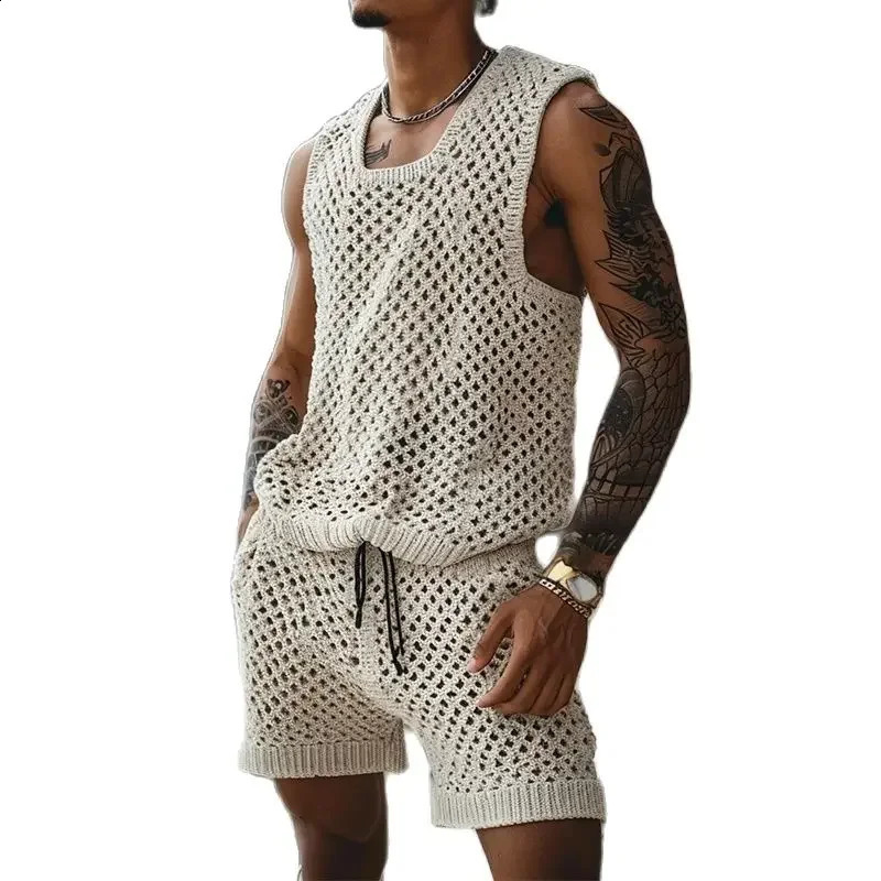Casual Breathable Knitted Hollow Out Two Piece Sets Men Vintage O Neck Sleeveless Tank Top Knit Shorts Mens Outfits Summer Suits 240819