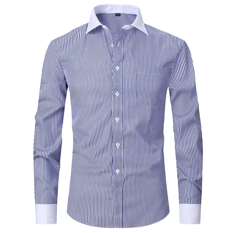 M~6XL Spring Summer Business Mens Long-Sleeved Shirt Fashion Cufflinks Striped White Collar Shirt Striped French Shirt 240822